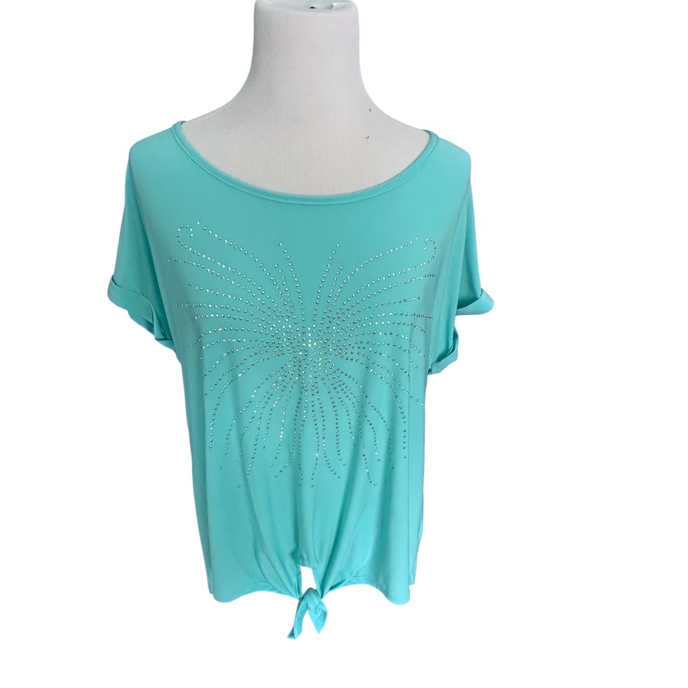 Rafaella Rhinestone Butterfly Tie‎ Front Top Turquoise Knit Long Sleeve Large